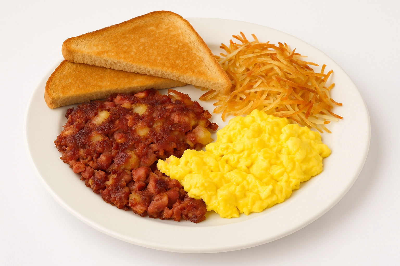 Early Bird Cafe corned beef hash with eggs toast and shredded potato breakfast